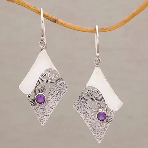 Diamond-shaped Amethyst Dangle Boho Earrings - Picture 2 of 4